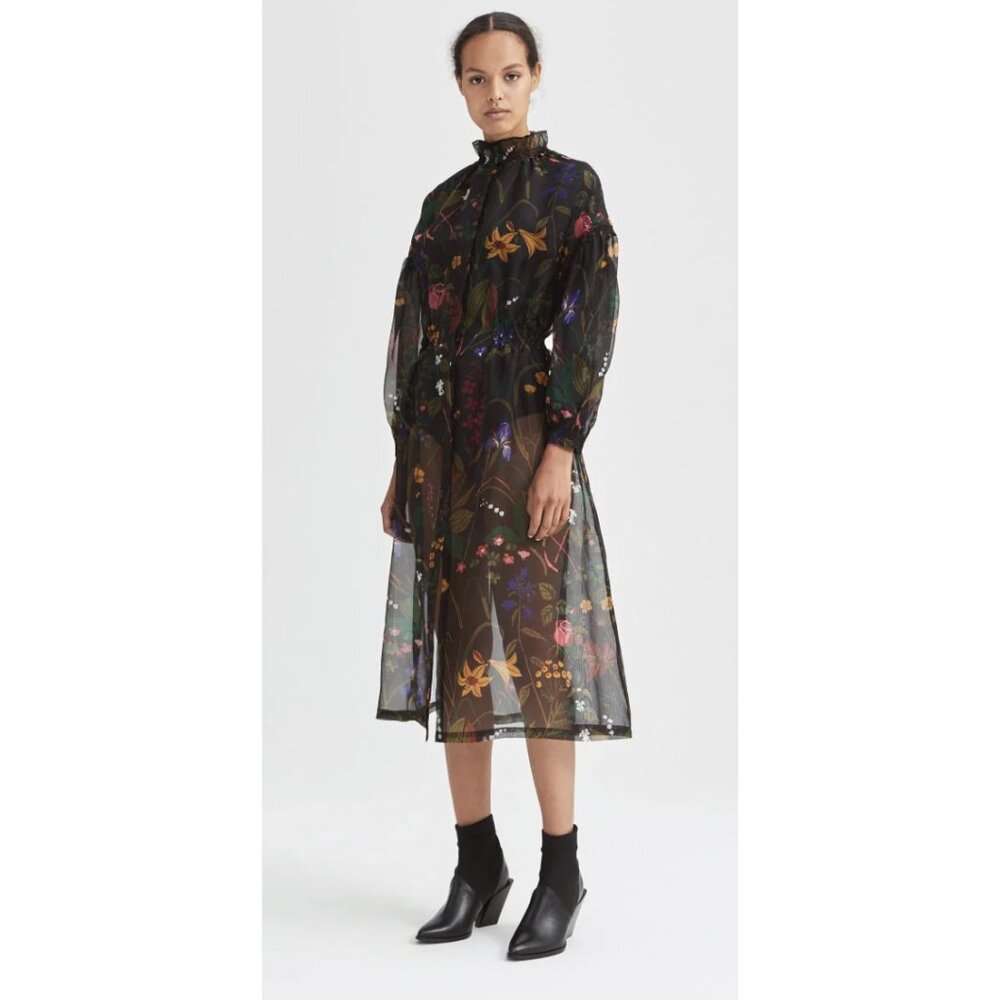 RODEBJER Nanna Organza 100% Silk Dress Size Medium Black Floral Sheer Luxury